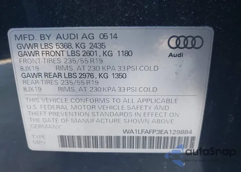 2014 Audi Q5 2.0T Premium из США, поврежденный, VIN WA1LFAFP3EA129884